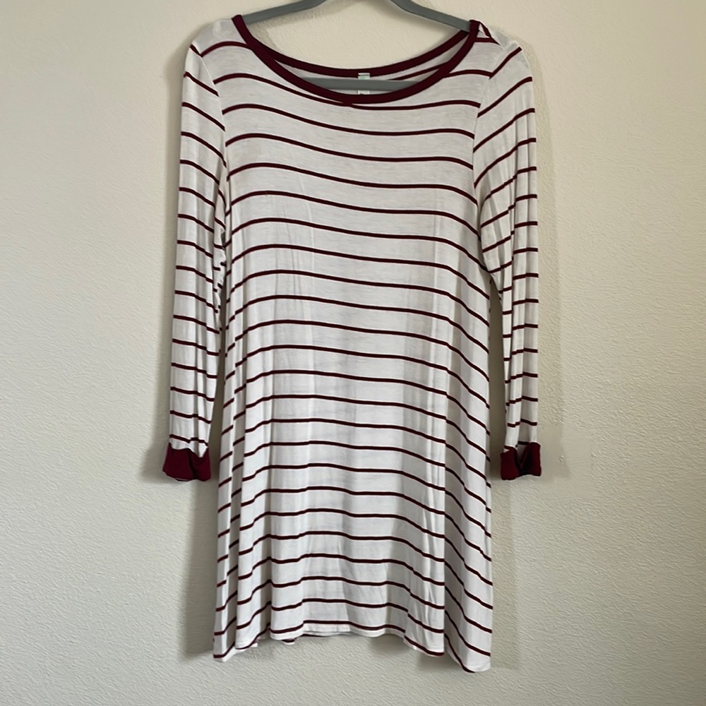 Size small longsleeve, burgundy, and white striped shirt, brand name emerald